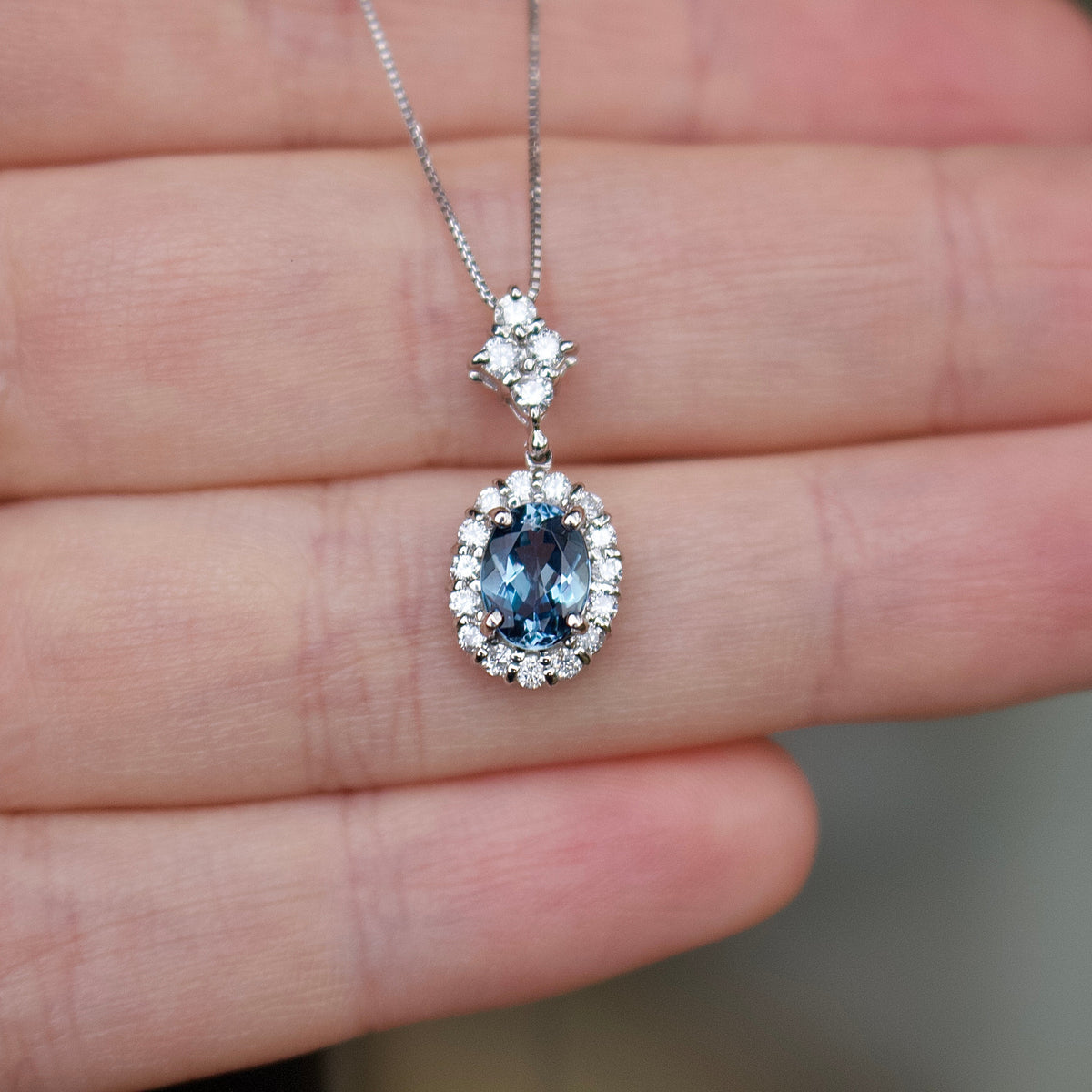 Platinum Aquamarine and Diamond Halo Necklace
