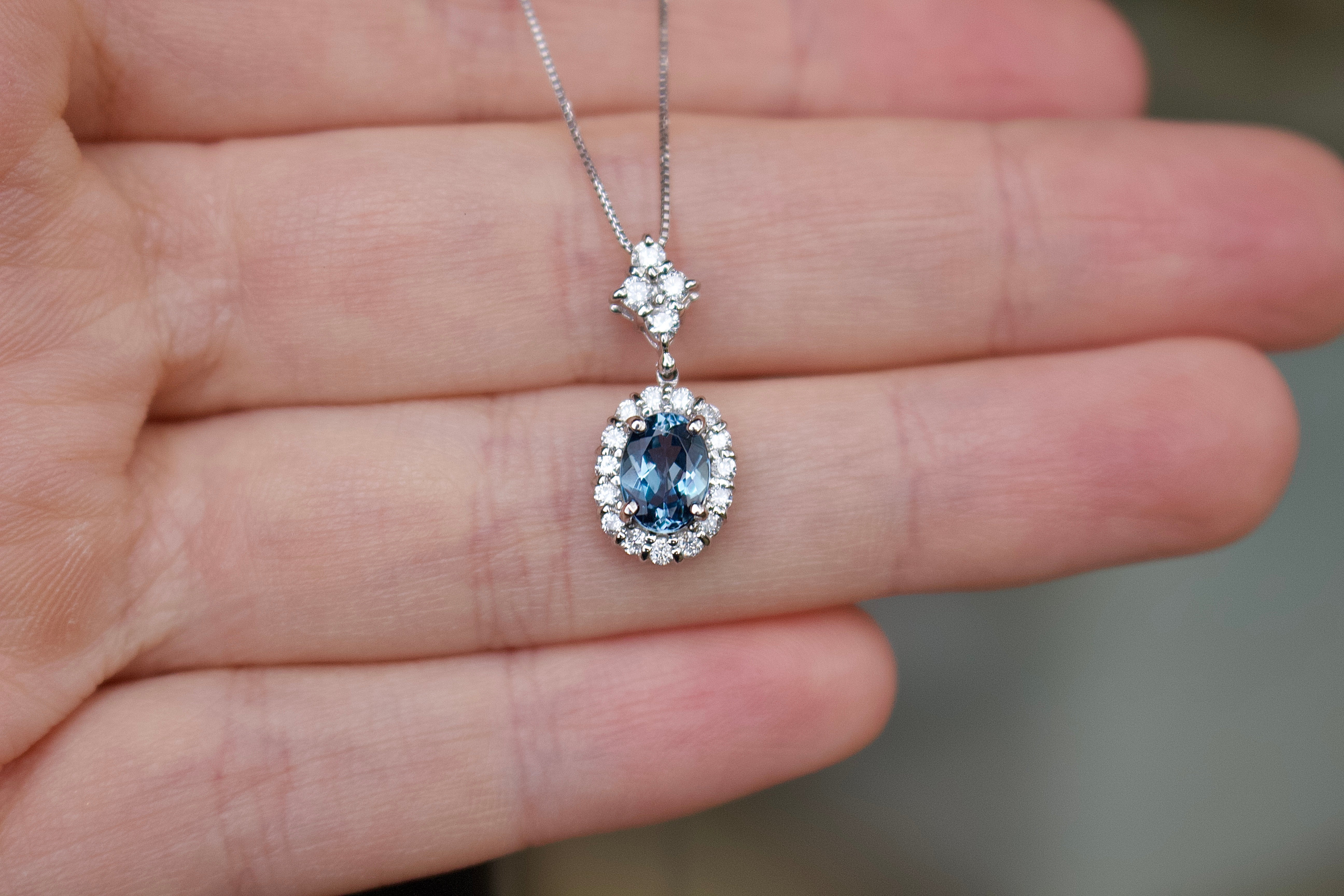 Platinum Aquamarine and Diamond Halo Necklace