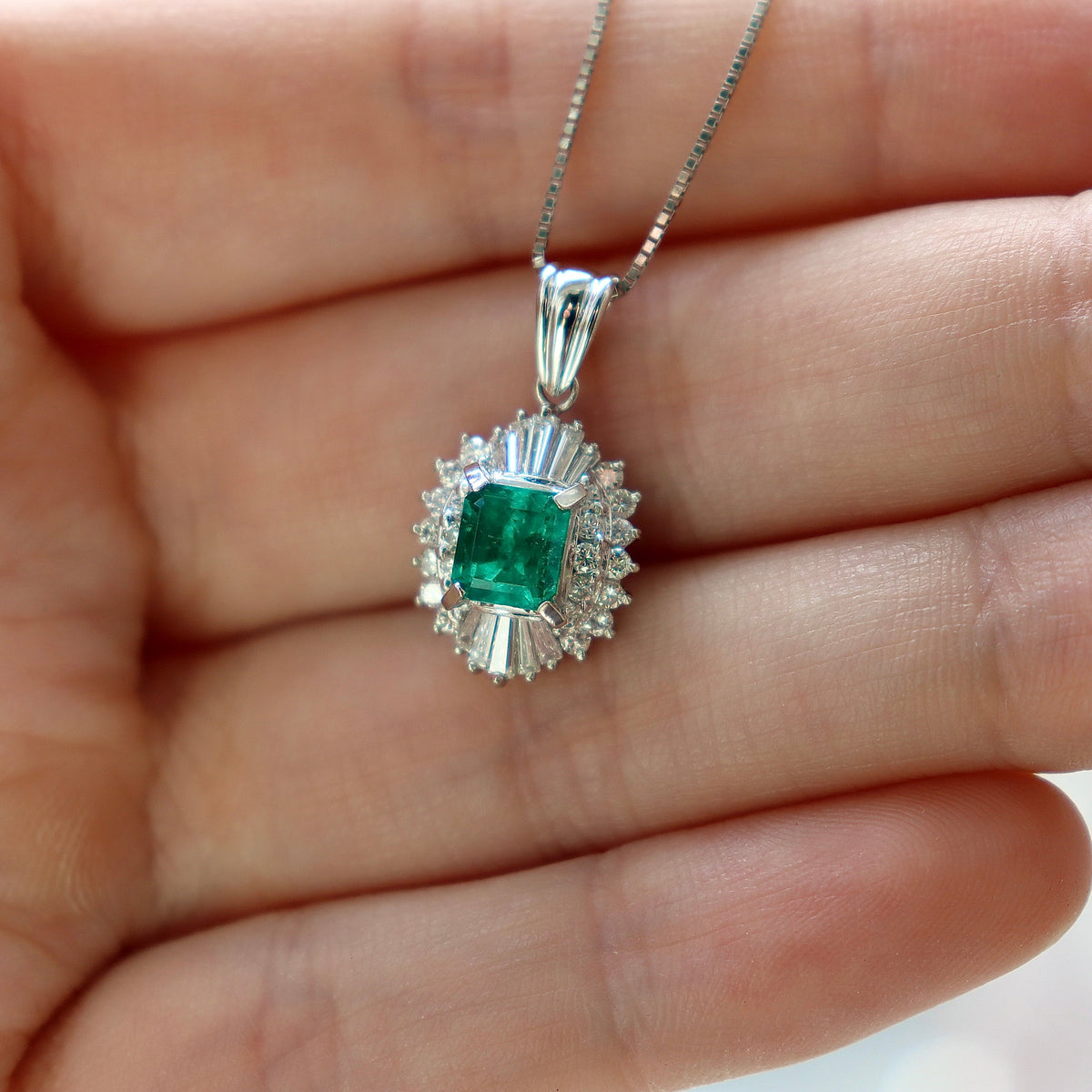 Platinum Emerald and Diamond Cluster Style Necklace