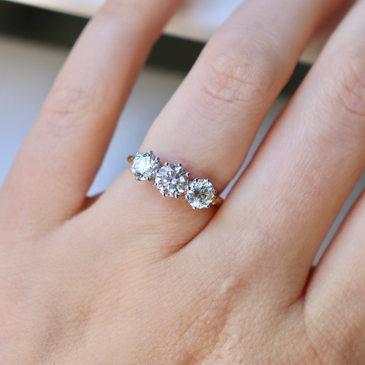 18ct Yellow and White Gold 3 Stone Ring With Etched Shoulders