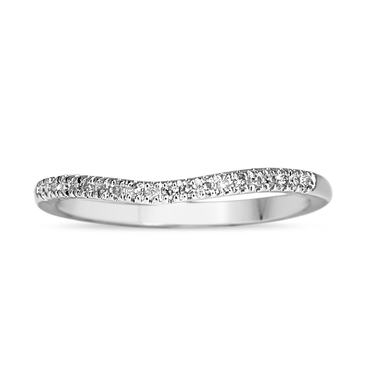 Front view of 10ct white gold curved diamond wedding band