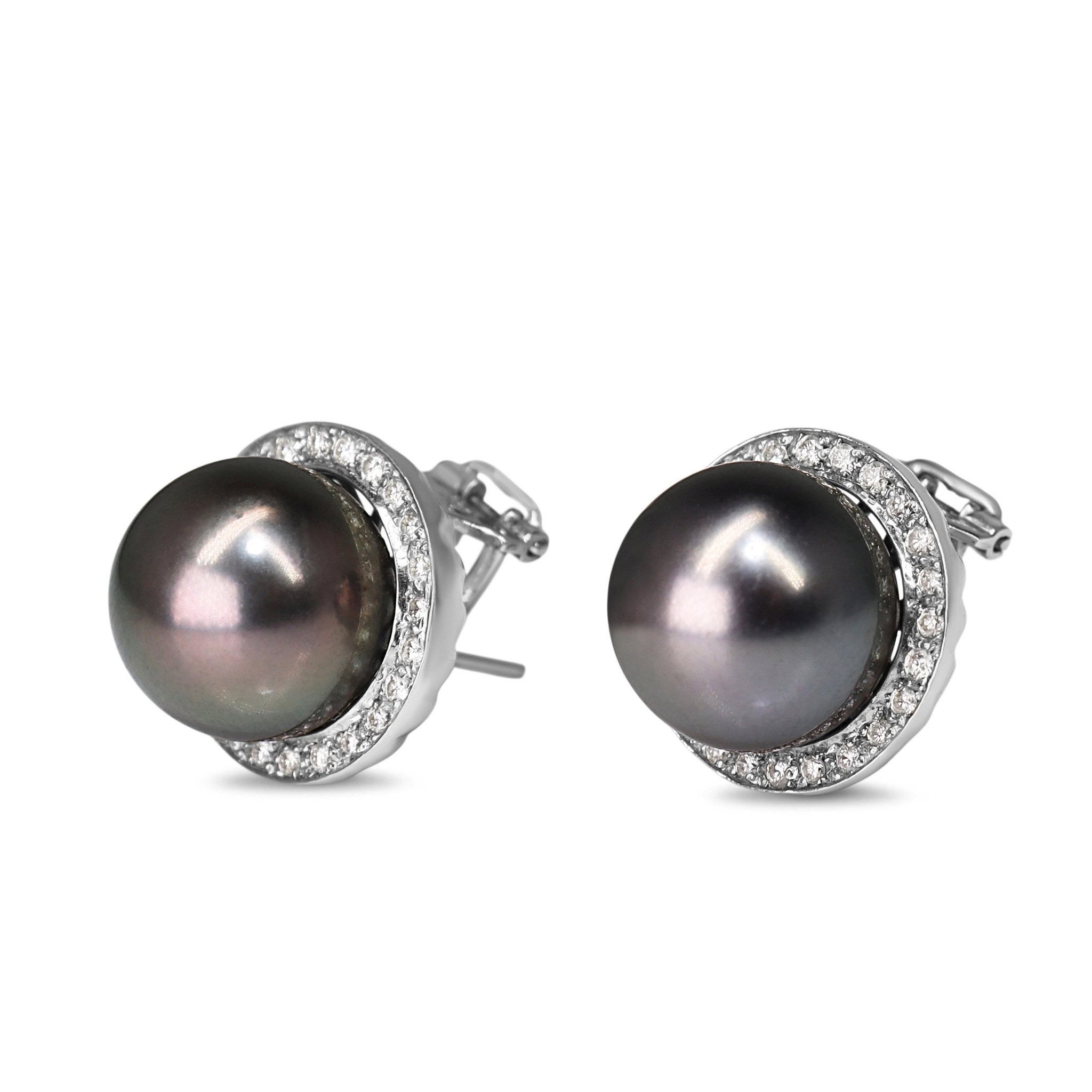 14ct White Gold 12mm Tahitian Pearl and Diamond Halo Earrings - Burlington Jewellery