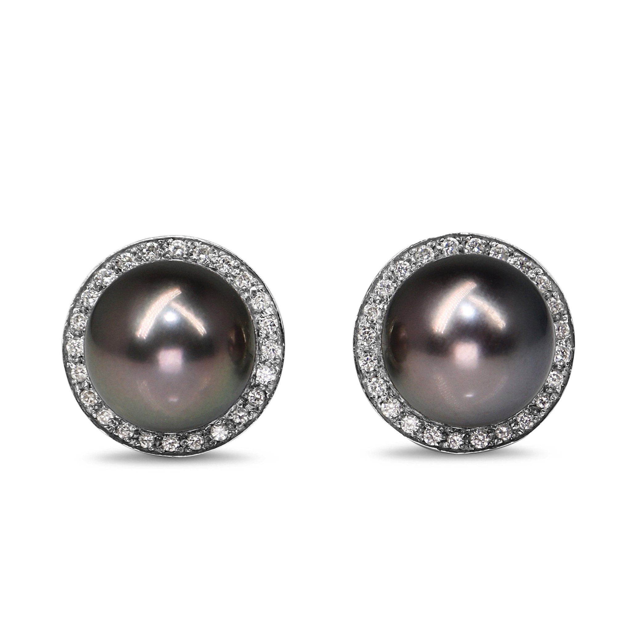 14ct White Gold 12mm Tahitian Pearl and Diamond Halo Earrings - Burlington Jewellery