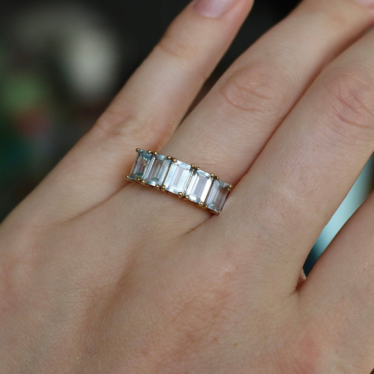 14ct Yellow Gold Emerald Cut Aquamarine 5 Stone Ring - Burlington Jewellery
