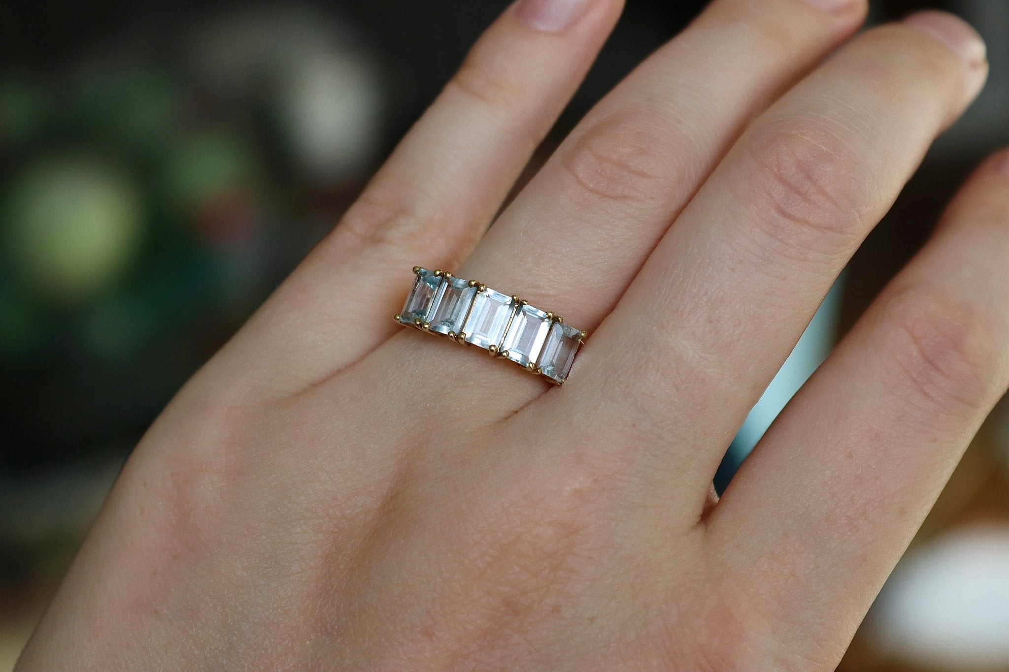14ct Yellow Gold Emerald Cut Aquamarine 5 Stone Ring - Burlington Jewellery