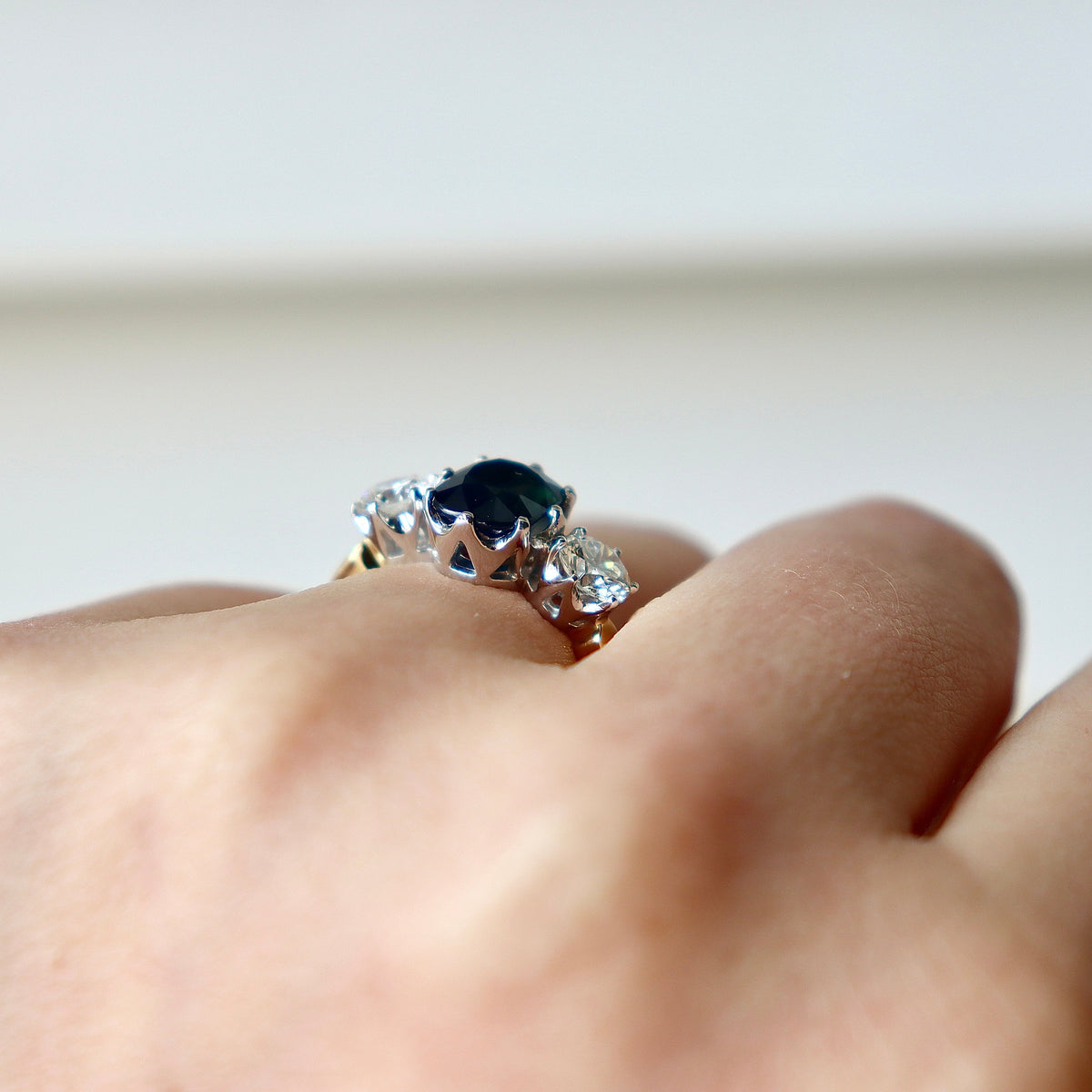 18ct Yellow and White Gold Sapphire and Diamond Antique Style 3 Stone Ring