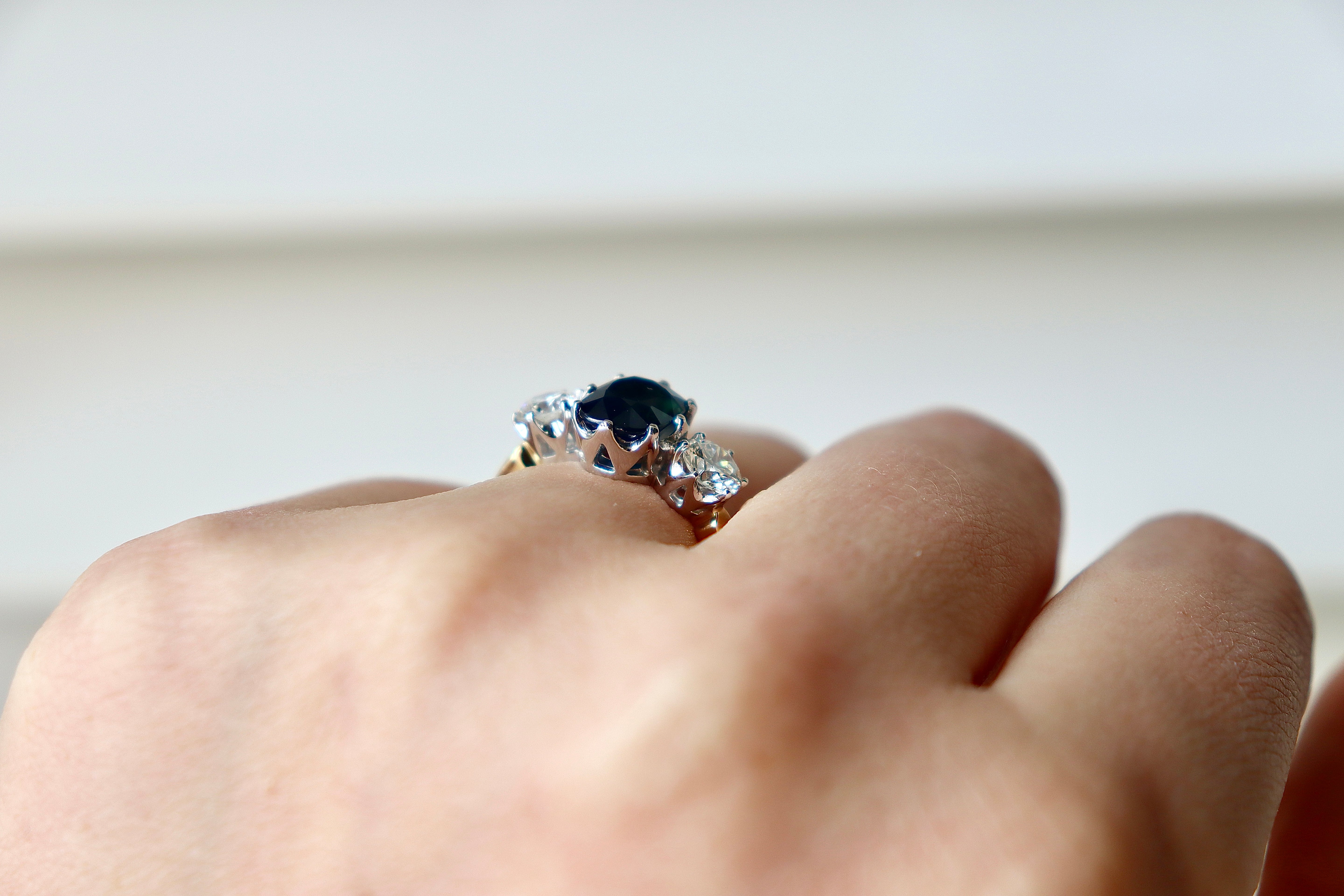 18ct Yellow and White Gold Sapphire and Diamond Antique Style 3 Stone Ring