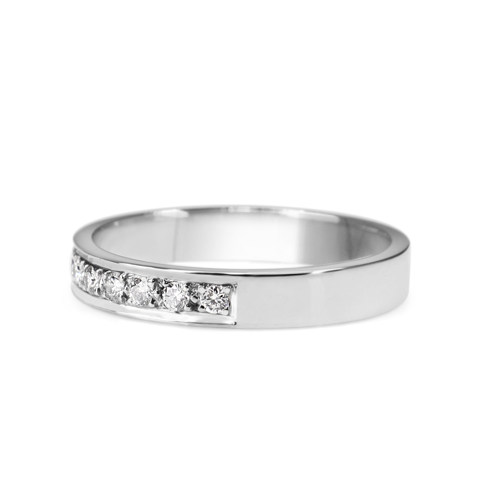 Side view of 18ct white gold diamond wedding band