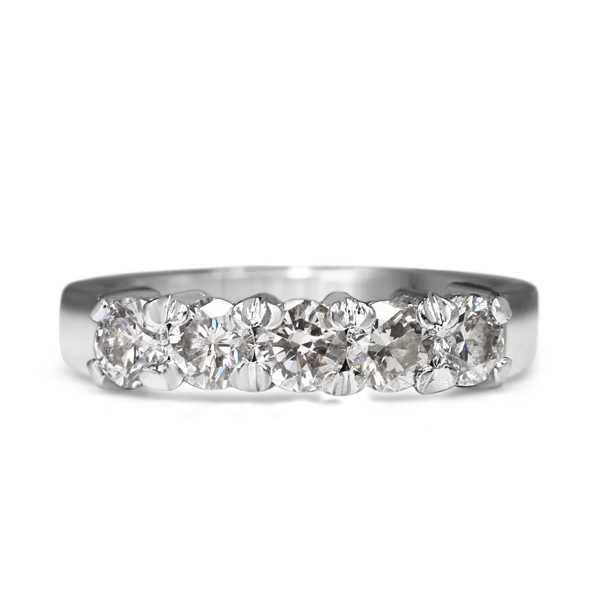 18ct white gold five stone diamond ring with 1.00ct total diamond weight displayed from the front