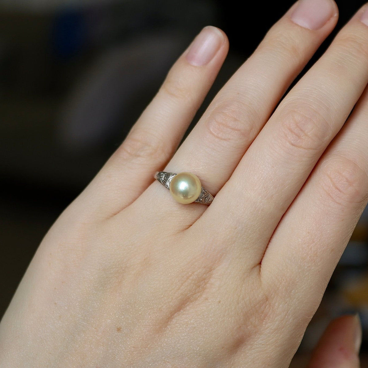 18ct White Gold Art Deco Sea Pearl and Old Cut Diamond Ring - Burlington Jewellery