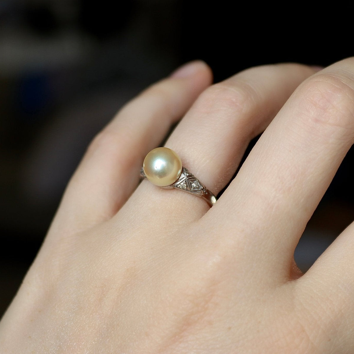 18ct White Gold Art Deco Sea Pearl and Old Cut Diamond Ring - Burlington Jewellery