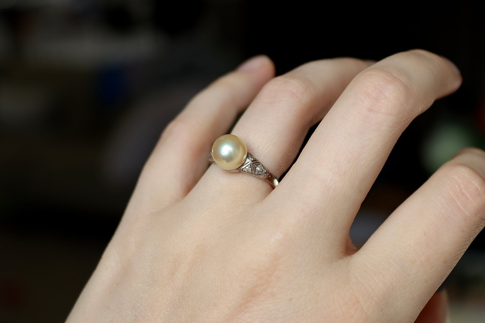 18ct White Gold Art Deco Sea Pearl and Old Cut Diamond Ring - Burlington Jewellery