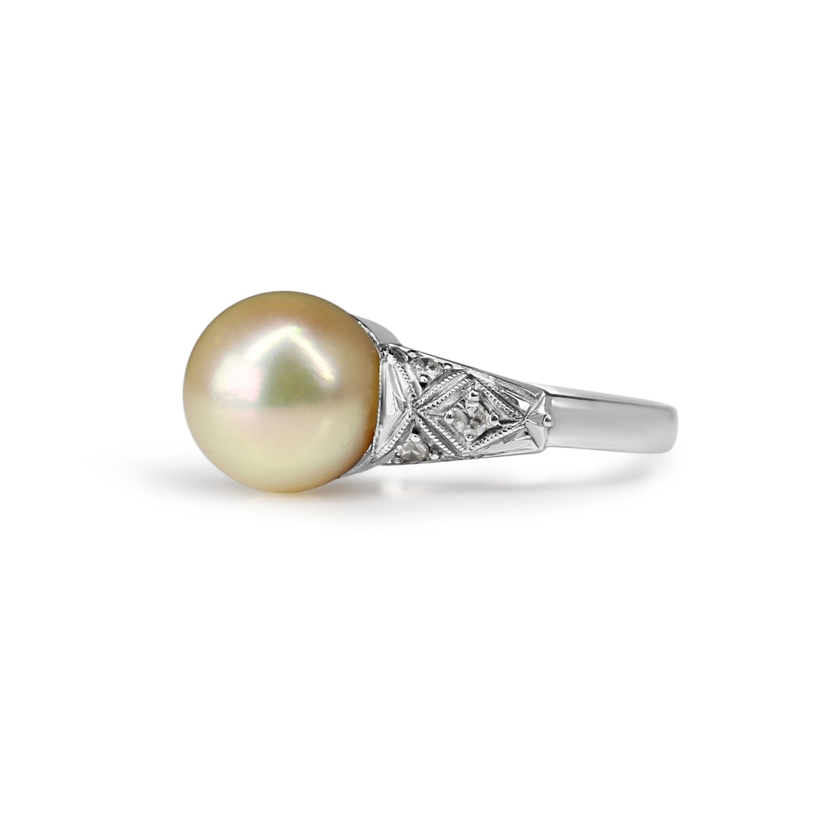 18ct White Gold Art Deco Sea Pearl and Old Cut Diamond Ring - Burlington Jewellery