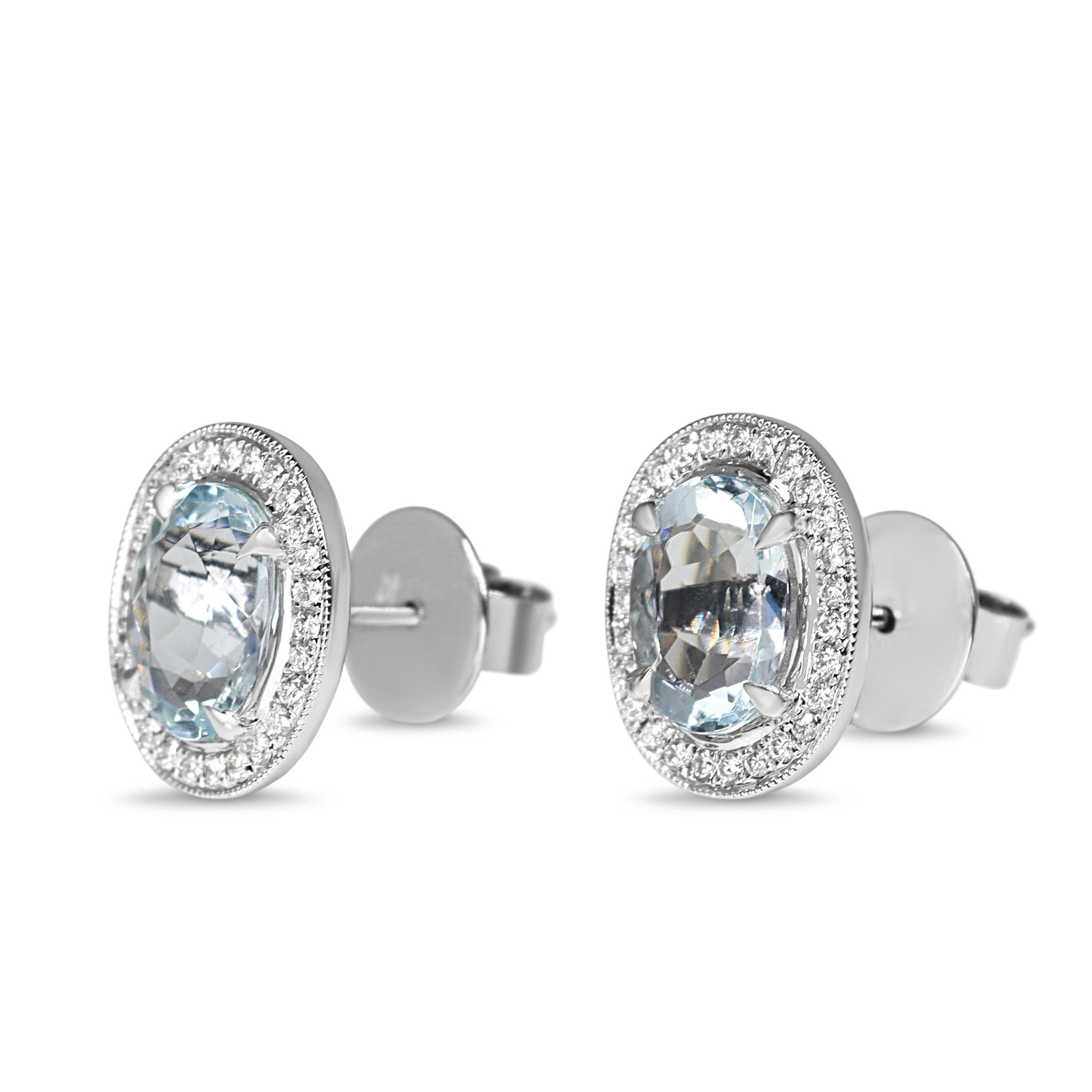 18ct White Gold Oval Aquamarine and Diamond Halo Stud Earrings - Burlington Jewellery