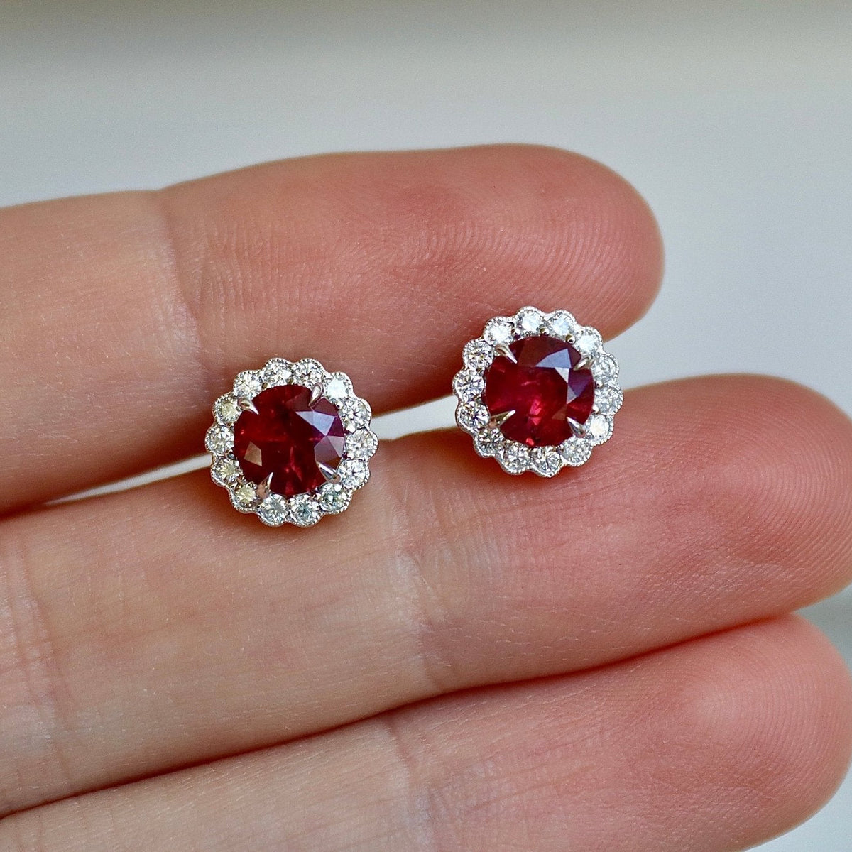 18ct White Gold Ruby and Diamond Daisy Stud Earrings - Burlington Jewellery