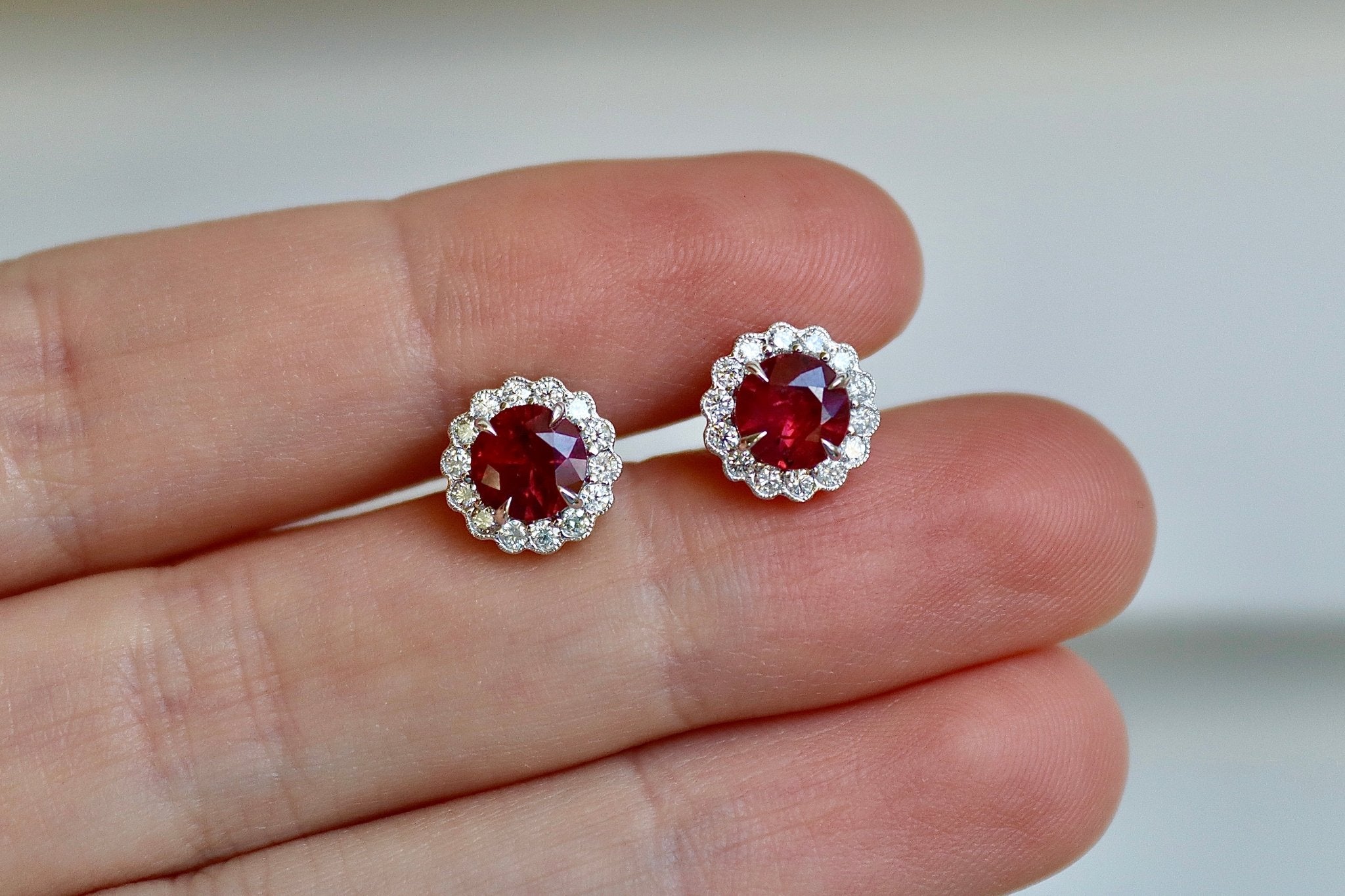 18ct White Gold Ruby and Diamond Daisy Stud Earrings - Burlington Jewellery
