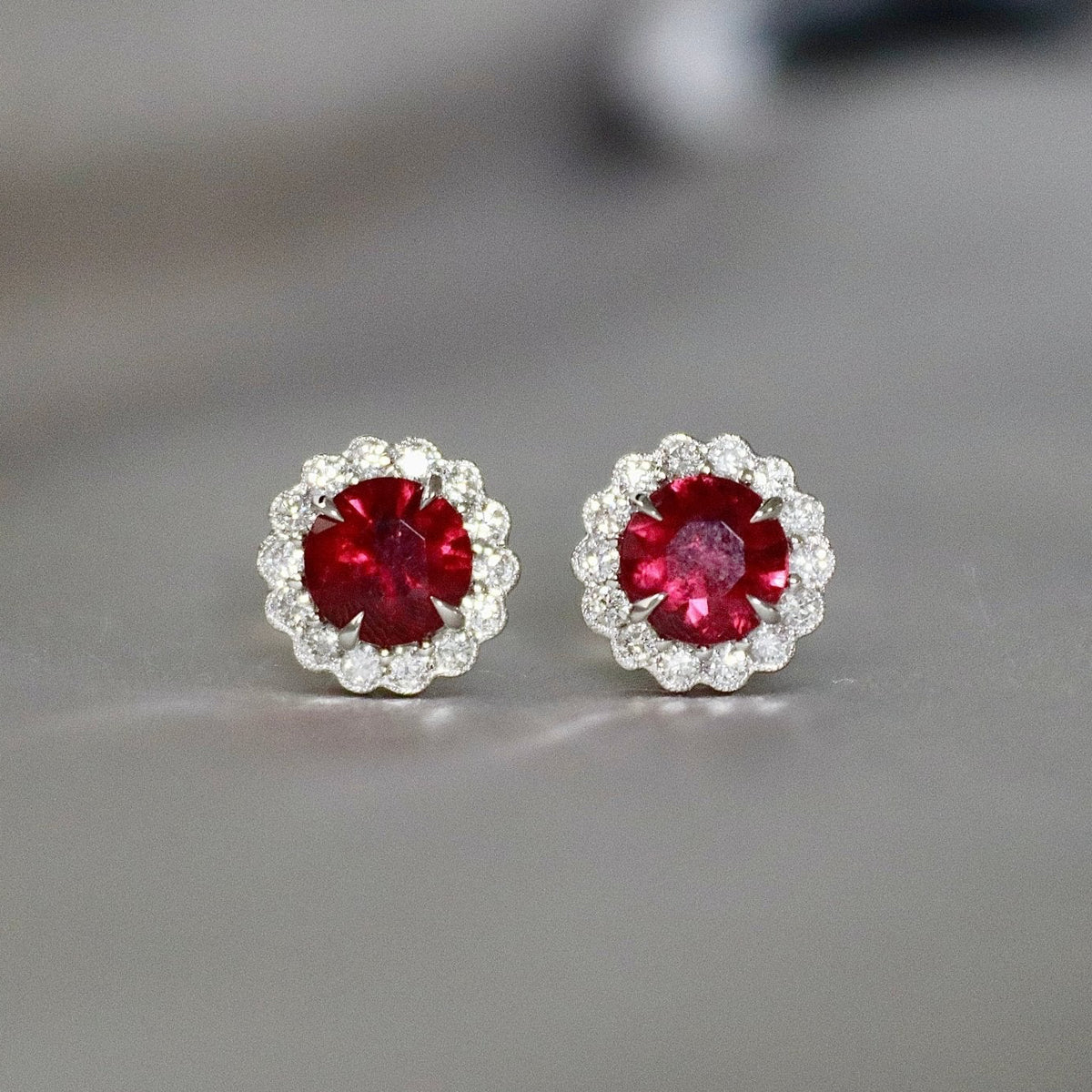 18ct White Gold Ruby and Diamond Daisy Stud Earrings - Burlington Jewellery