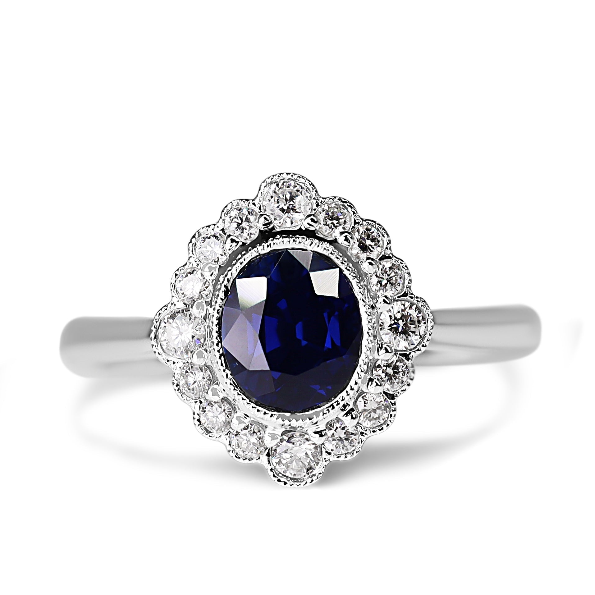 18ct White Gold Sapphire and Diamond Daisy Style Halo Ring - Burlington Jewellery