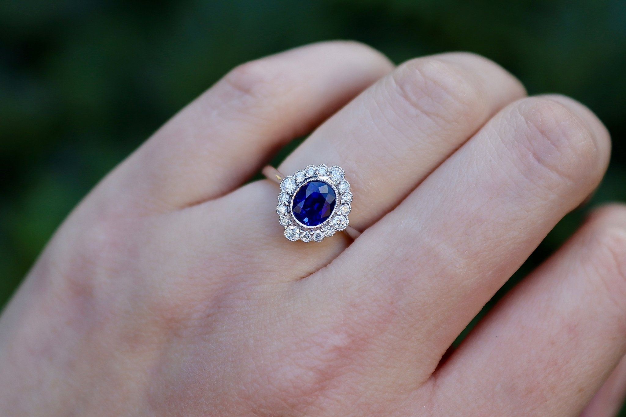 18ct White Gold Sapphire and Diamond Daisy Style Halo Ring - Burlington Jewellery