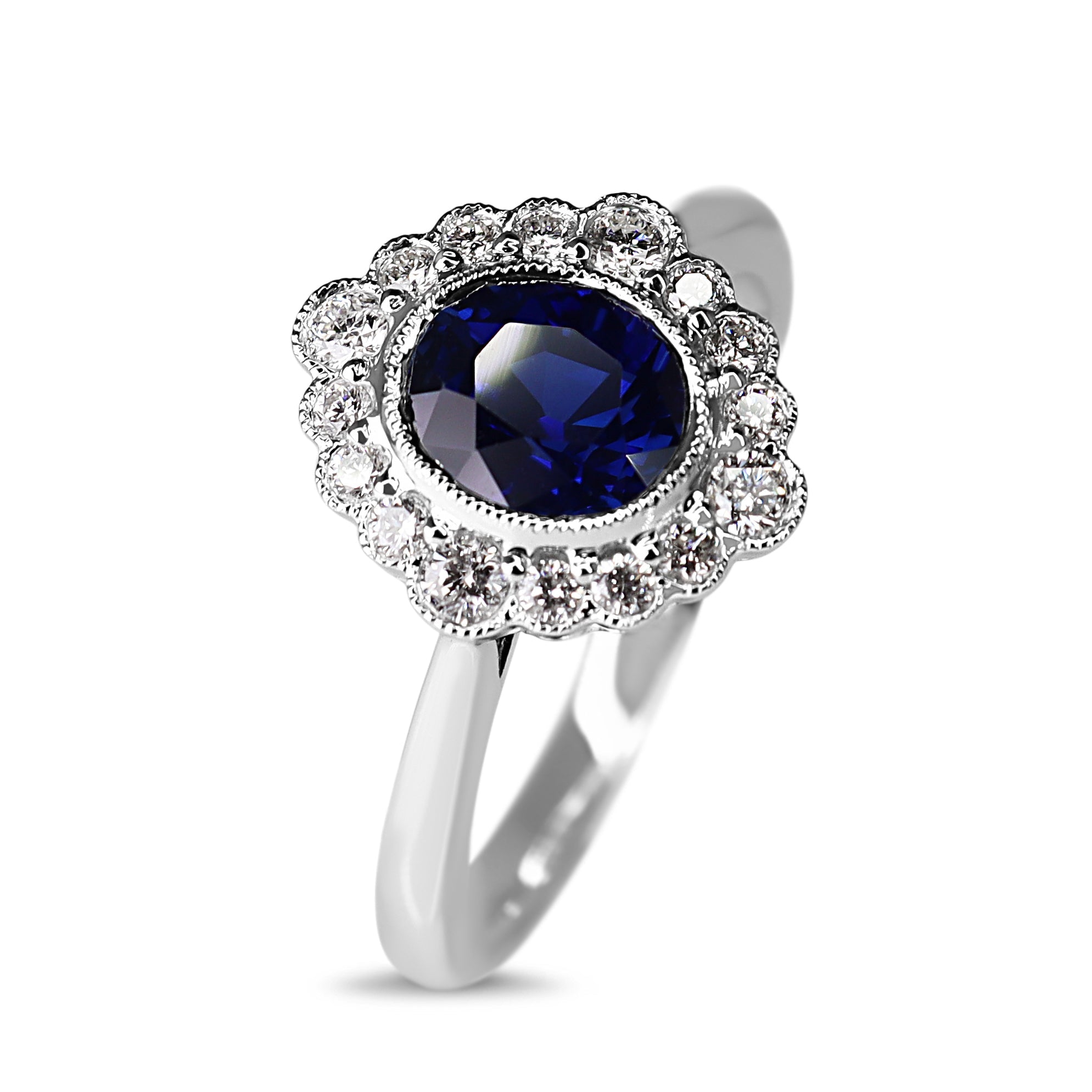 18ct White Gold Sapphire and Diamond Daisy Style Halo Ring - Burlington Jewellery