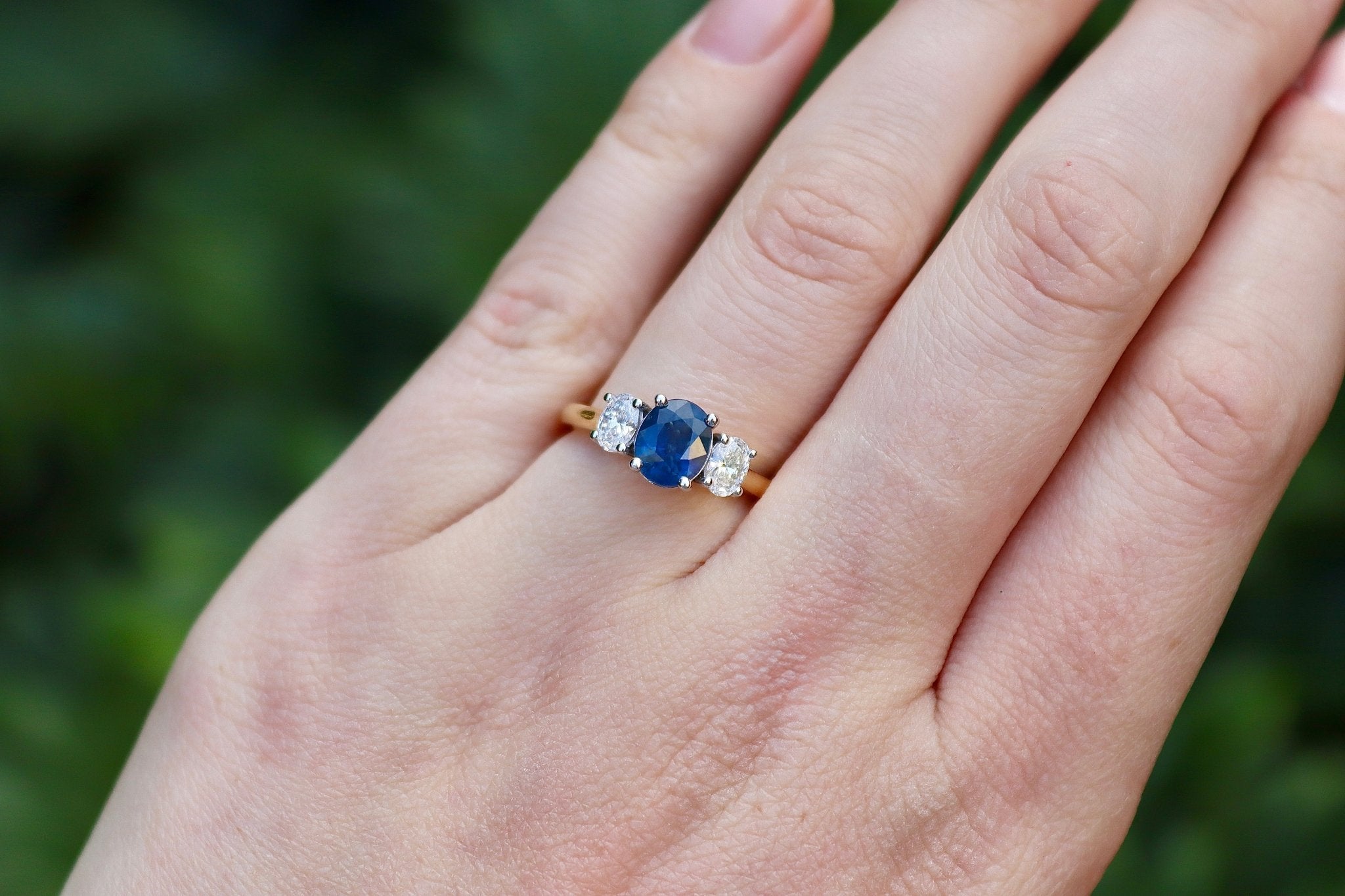 18ct Yellow and White Gold Oval Sapphire and Diamond 3 Stone Ring - Burlington Jewellery