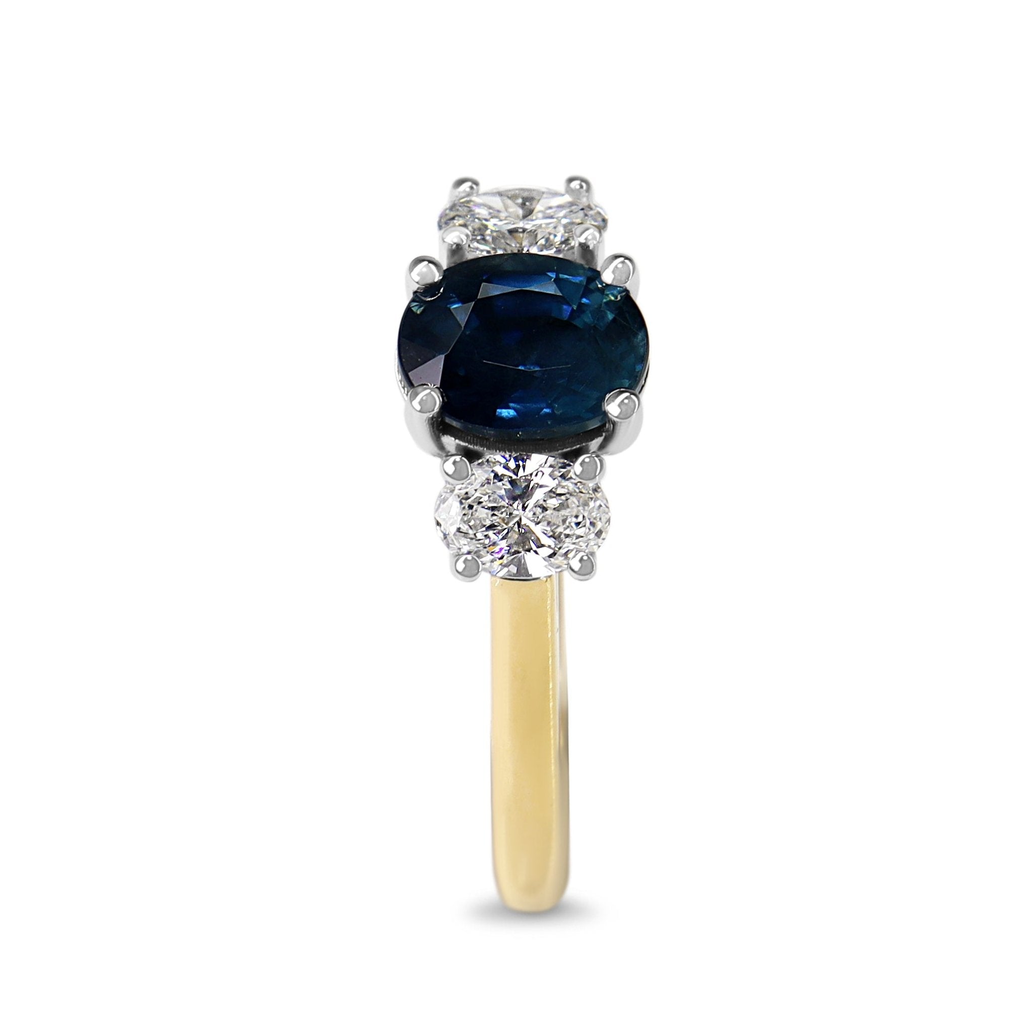 18ct Yellow and White Gold Oval Sapphire and Diamond 3 Stone Ring - Burlington Jewellery