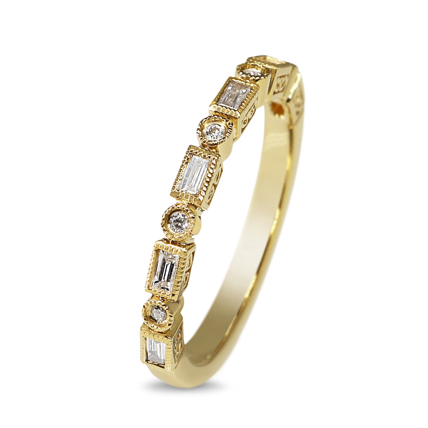 Upright profile of 18ct yellow gold Deco style diamond band showing the geometric diamond-set design