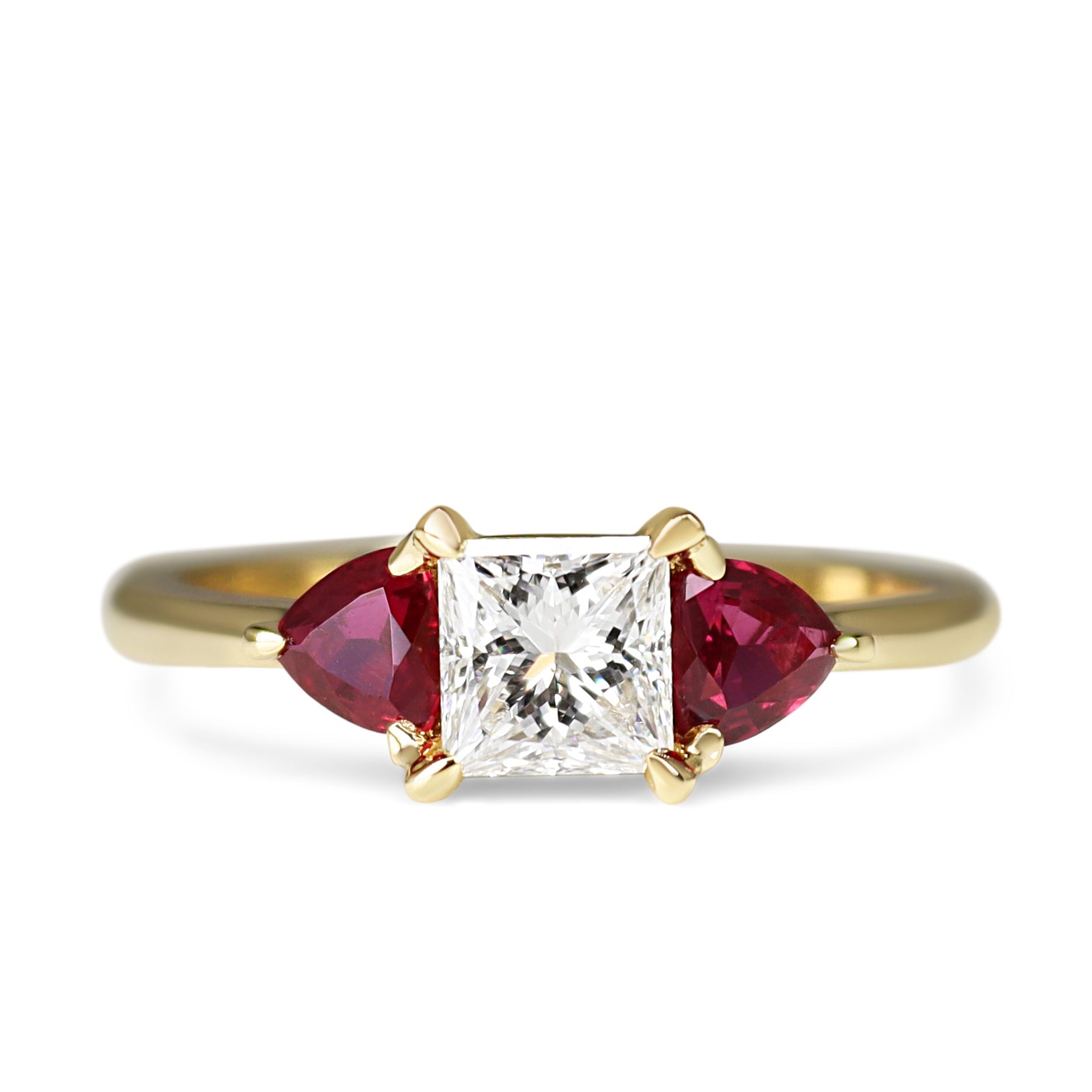 18ct Yellow Gold Princess Cut Diamond and Trillion Cut Ruby 3 Stone Ring - Burlington Jewellery