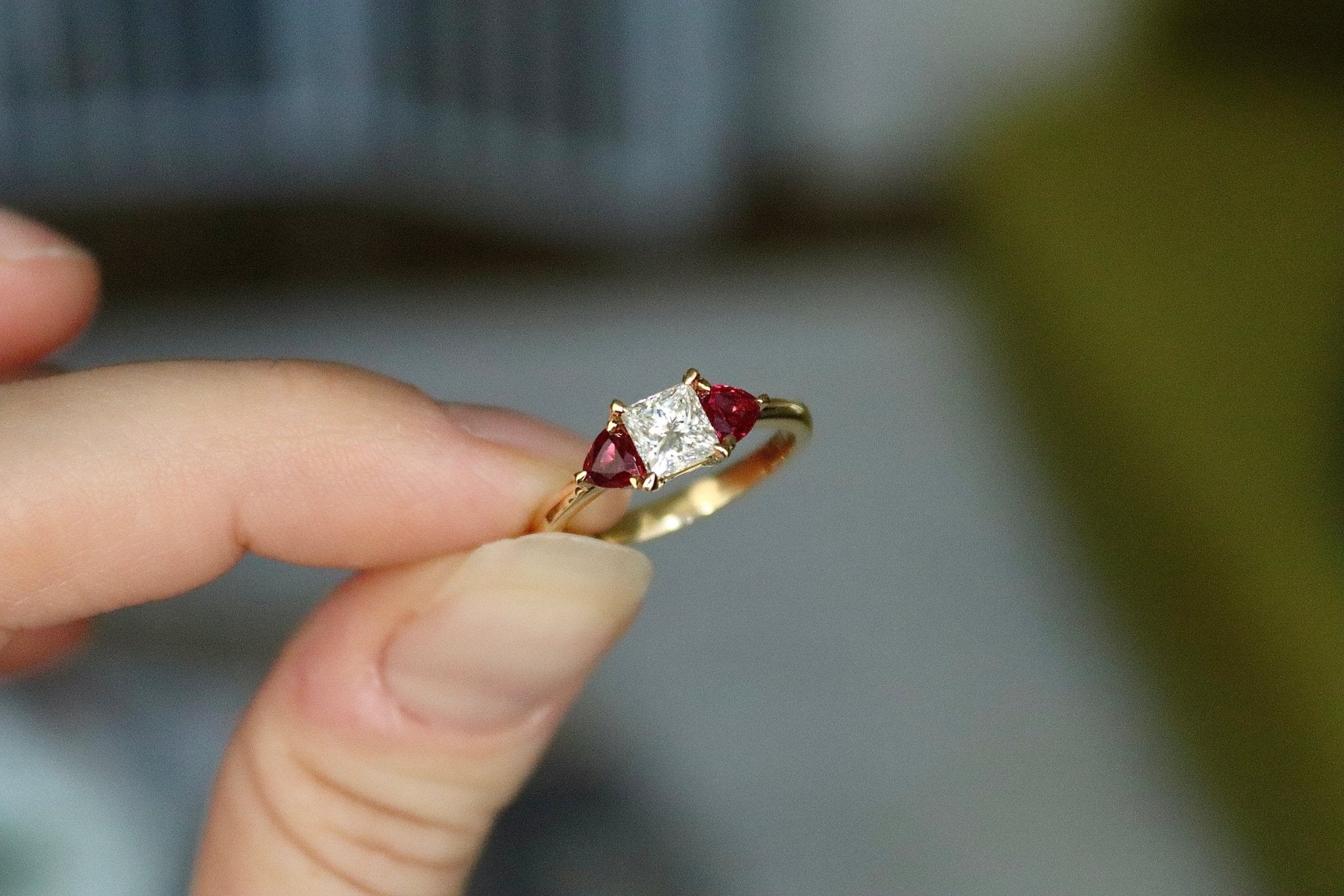 18ct Yellow Gold Princess Cut Diamond and Trillion Cut Ruby 3 Stone Ring - Burlington Jewellery