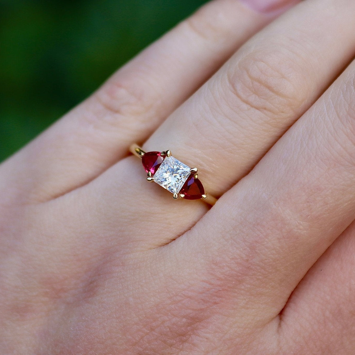 18ct Yellow Gold Princess Cut Diamond and Trillion Cut Ruby 3 Stone Ring - Burlington Jewellery