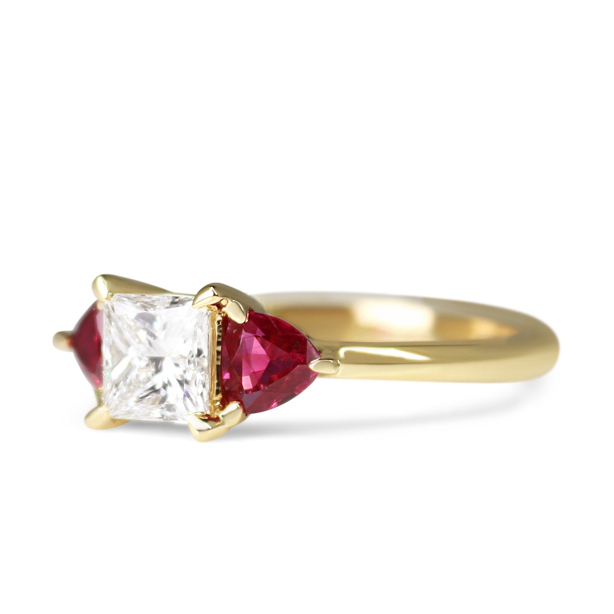 18ct Yellow Gold Princess Cut Diamond and Trillion Cut Ruby 3 Stone Ring - Burlington Jewellery