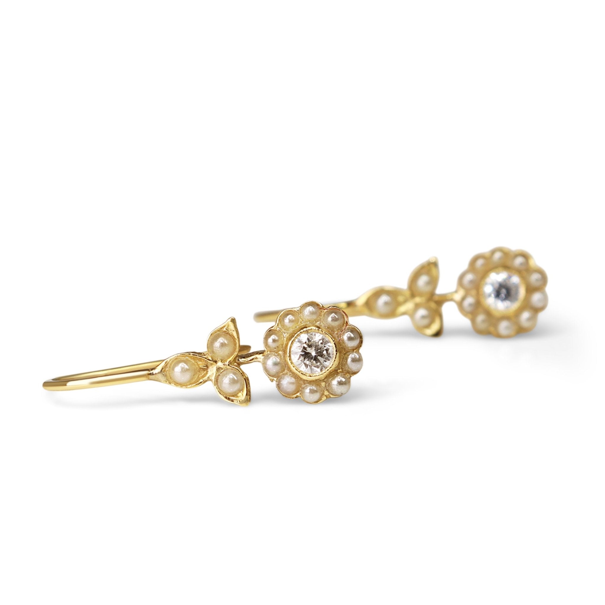 18ct Yellow Gold Seed Pearl and Diamond Drop Earrings - Burlington Jewellery