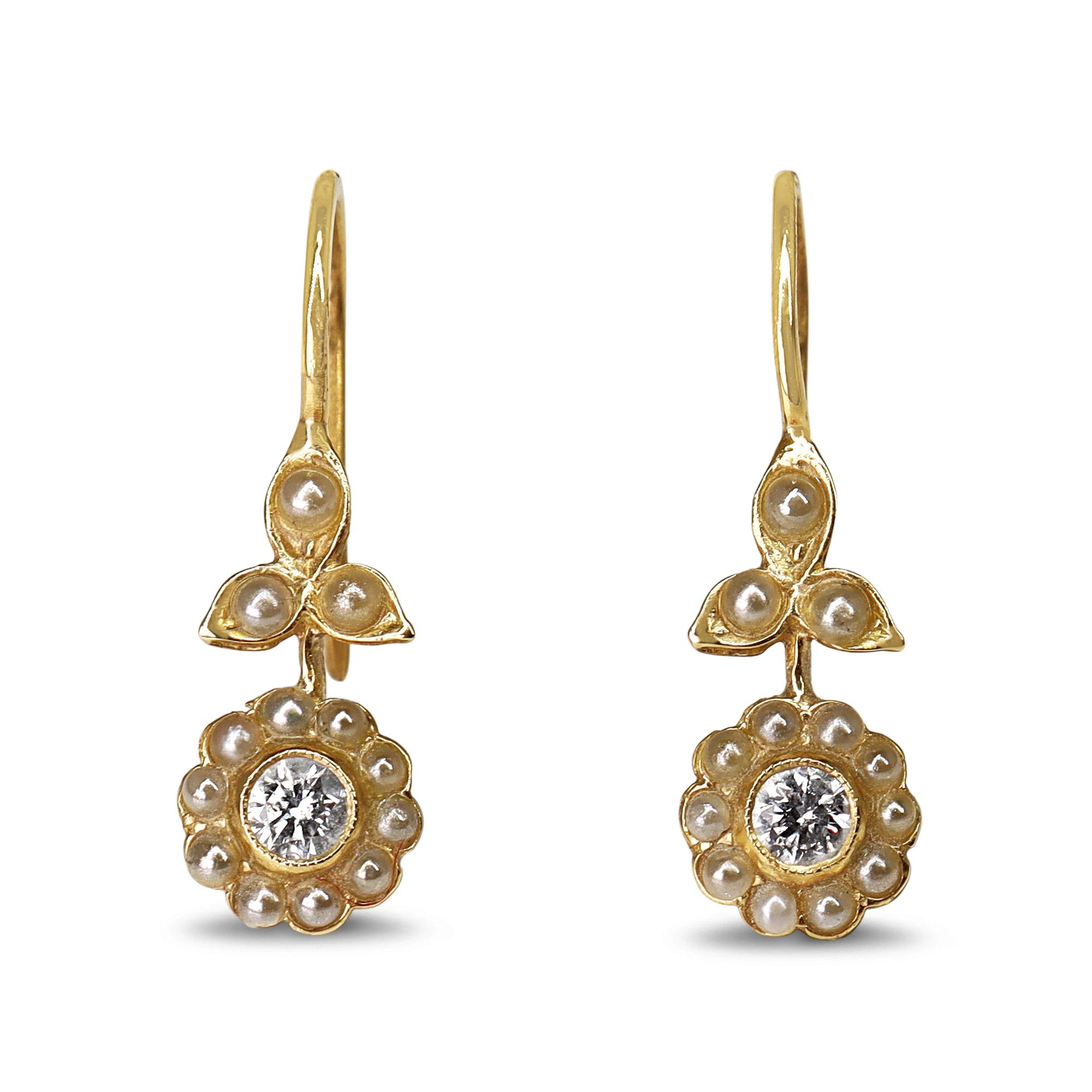 18ct Yellow Gold Seed Pearl and Diamond Drop Earrings - Burlington Jewellery