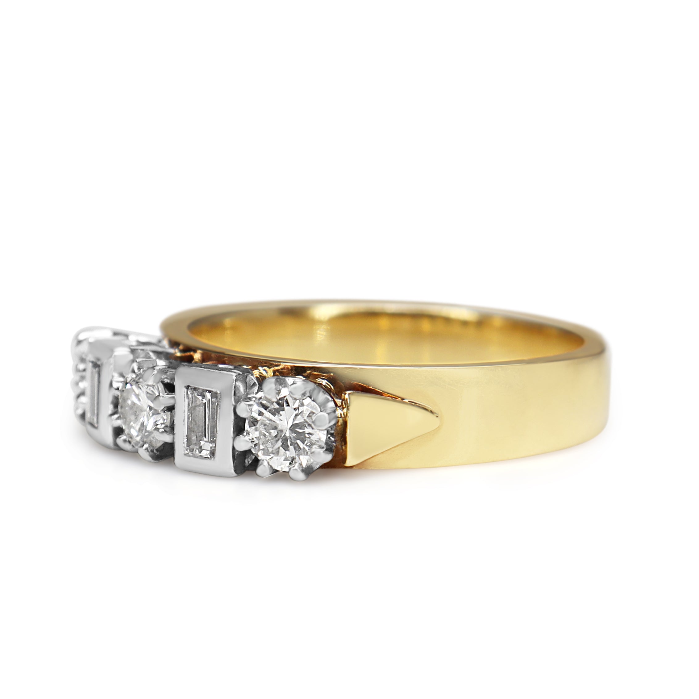Front view of yellow and white gold baguette and brilliant diamond wedding band