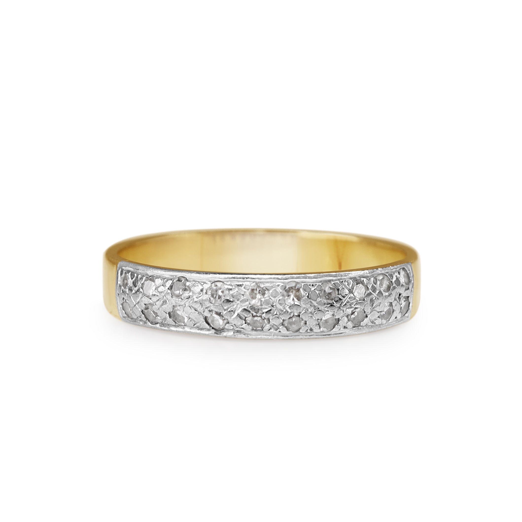Front view of a two-tone 18ct gold wedding band featuring single cut diamonds