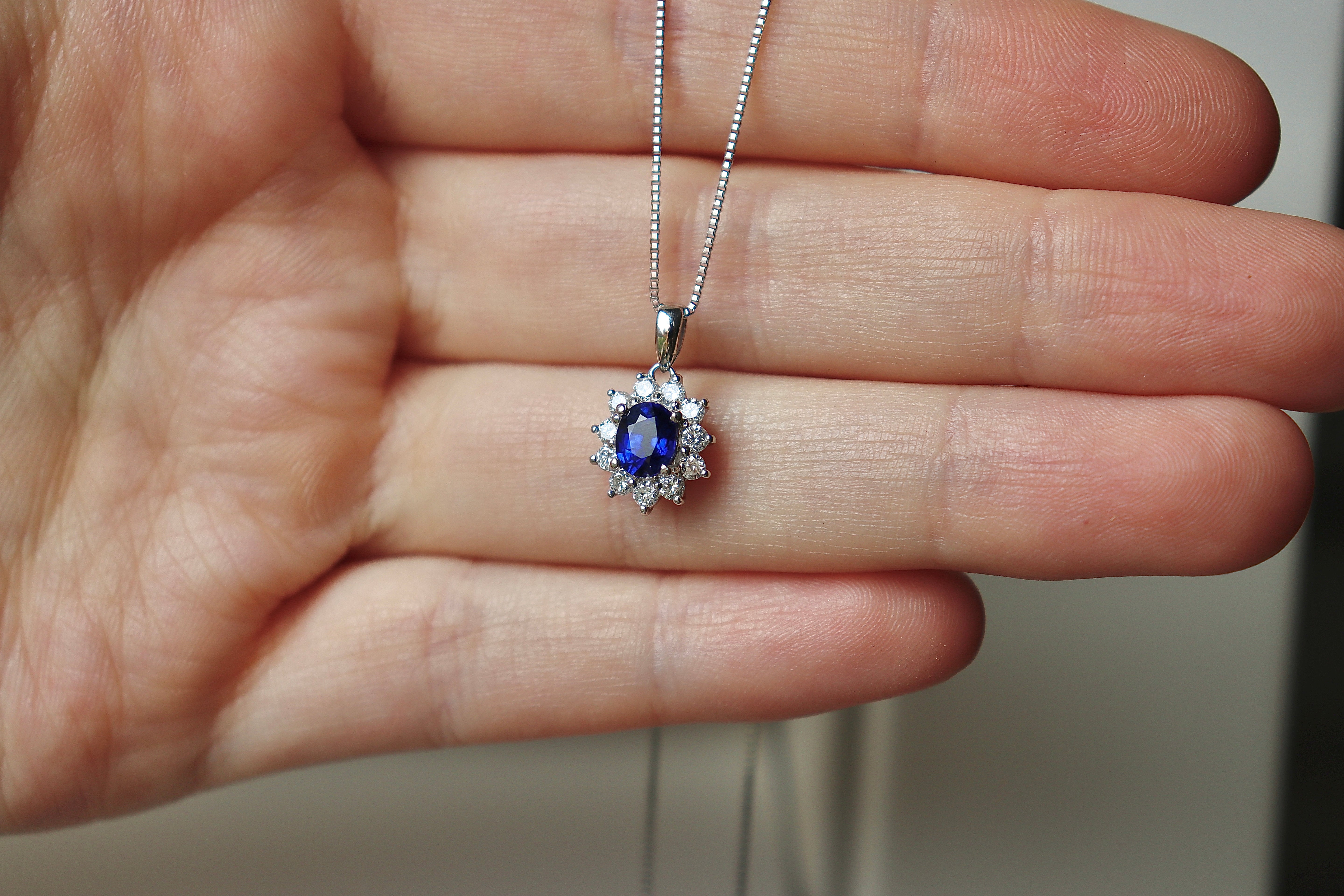 Platinum Sapphire and Diamond Halo Cluster Necklace