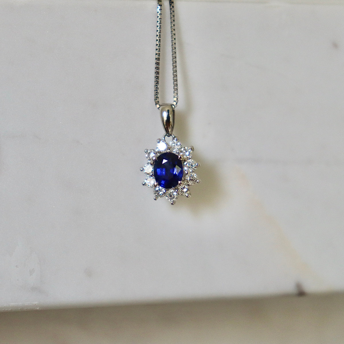 Platinum Sapphire and Diamond Halo Cluster Necklace