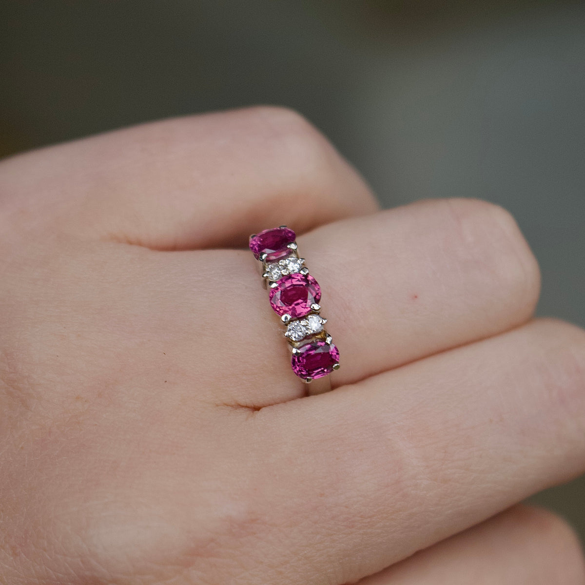 Platinum Ruby 3 Stone and Diamond Ring