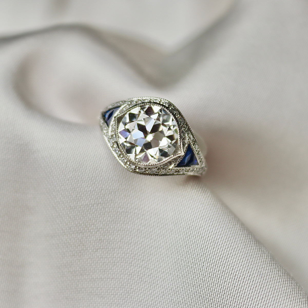 Platinum Lab Grown Old Cut Diamond and Sapphire Art Deco Style Ring