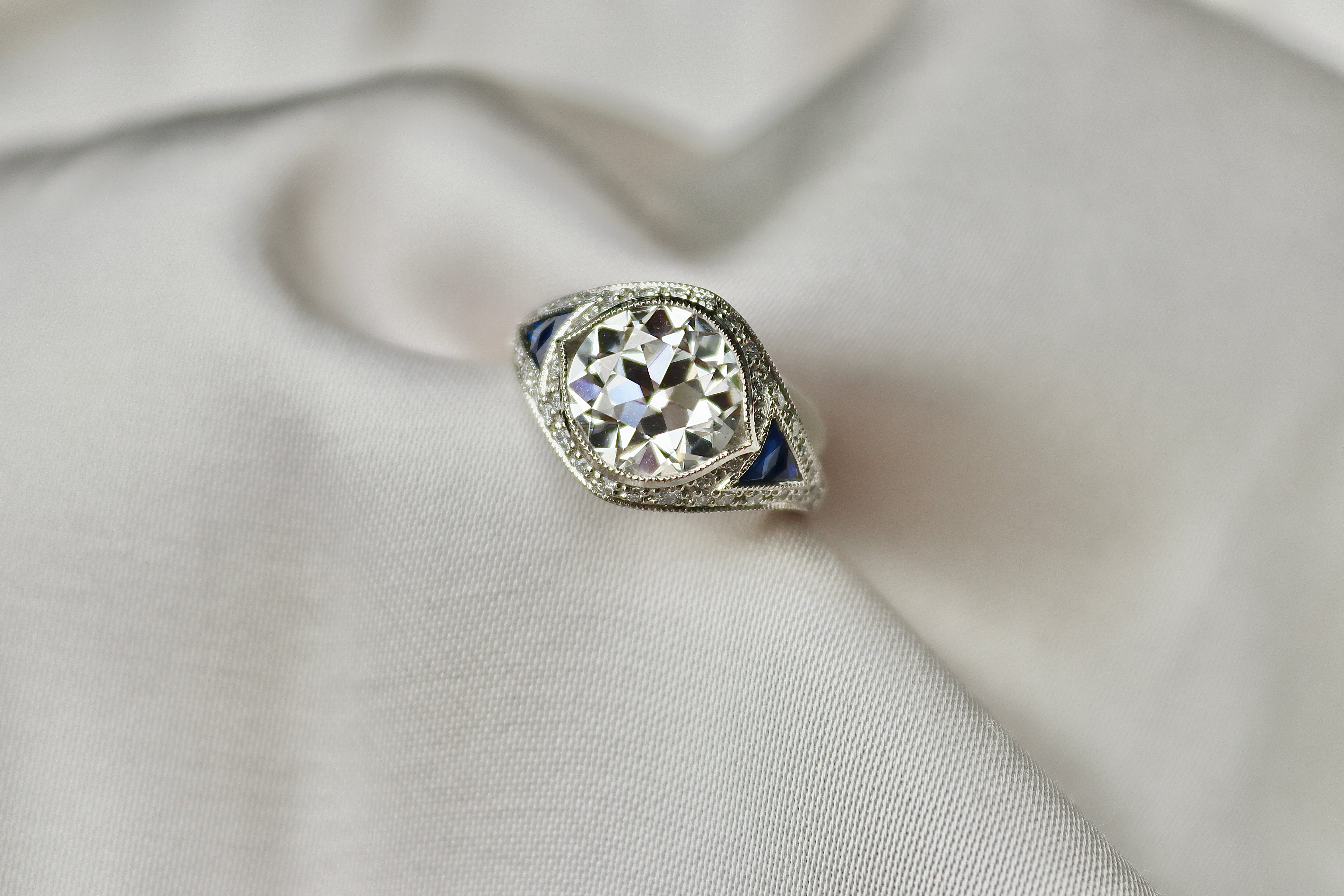 Platinum Lab Grown Old Cut Diamond and Sapphire Art Deco Style Ring