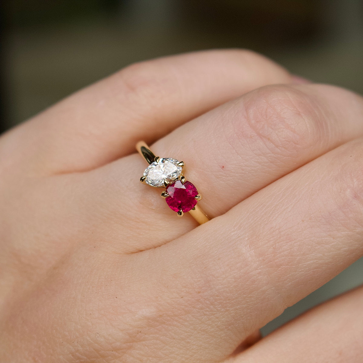 18ct Yellow Gold Ruby and Oval Diamond Moi et Toi Ring