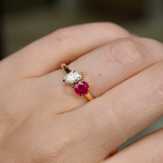 18ct Yellow Gold Ruby and Oval Diamond Moi et Toi Ring