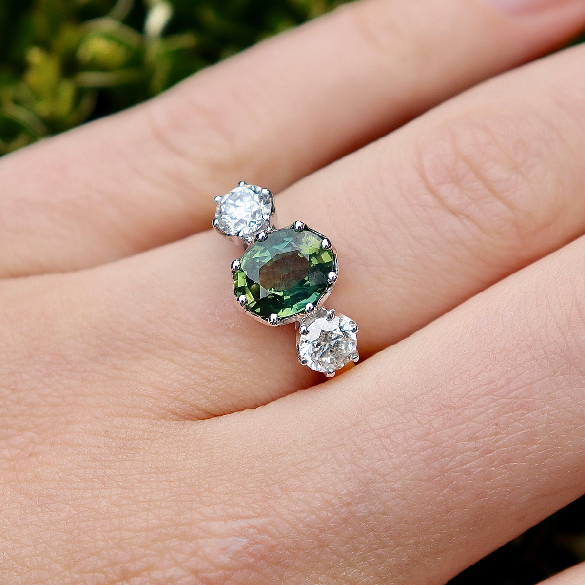 18ct Yellow and White Gold 3 Stone Green Sapphire and Diamond Ring