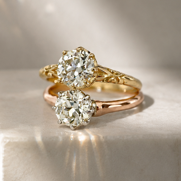 18ct Yellow Gold Antique Style Old Cut Diamond Solitaire Ring with Engraved Shoulders