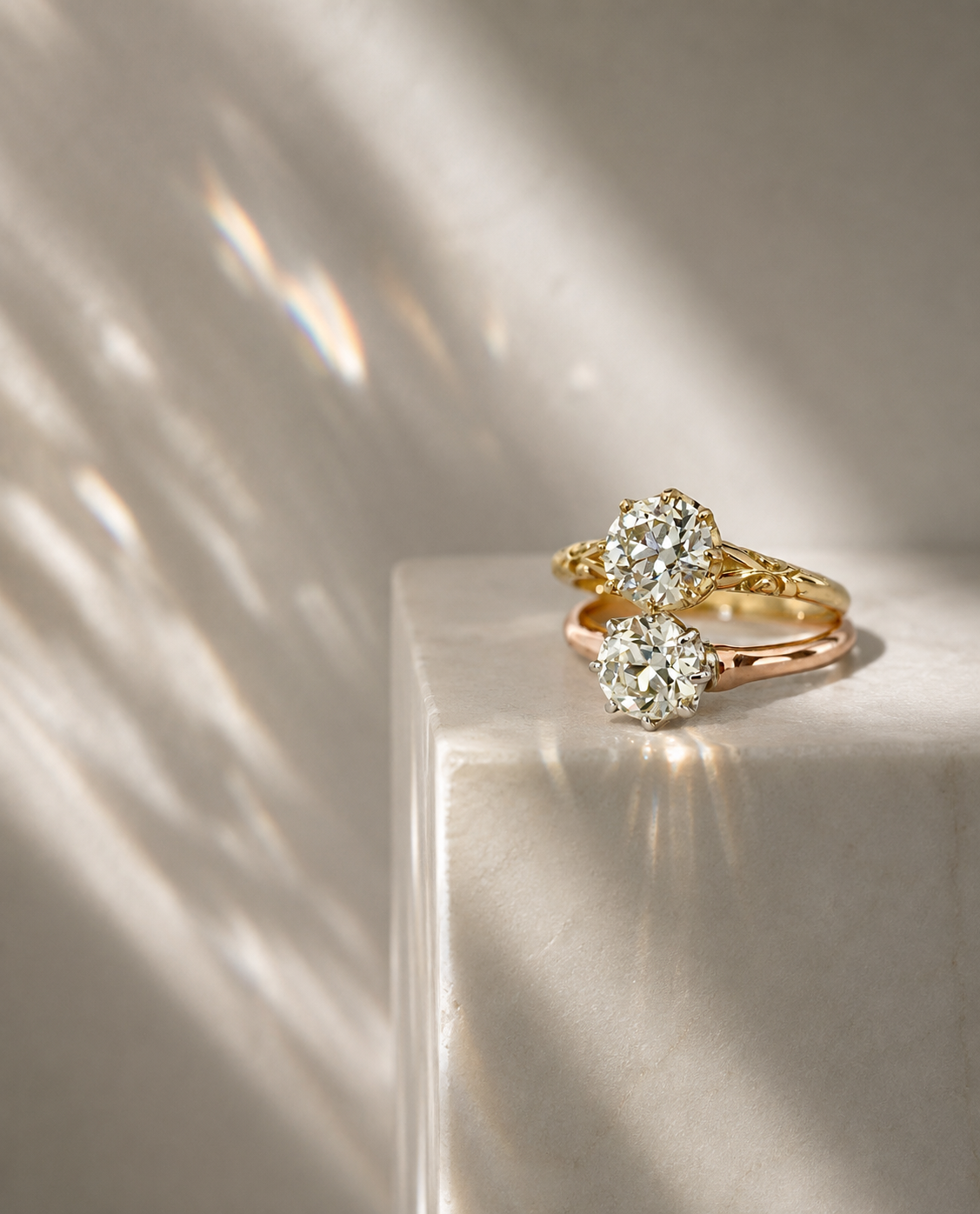 18ct Rose and White Gold Antique Style Old Cut Diamond Solitaire Ring