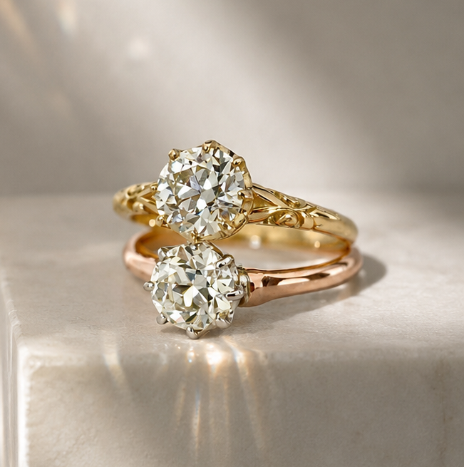 18ct Rose and White Gold Antique Style Old Cut Diamond Solitaire Ring