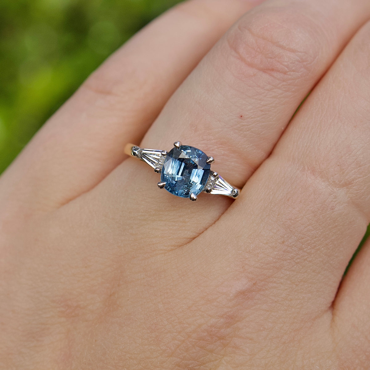 18ct Yellow and White Gold Cushion Sapphire and Diamond 3 Stone Ring