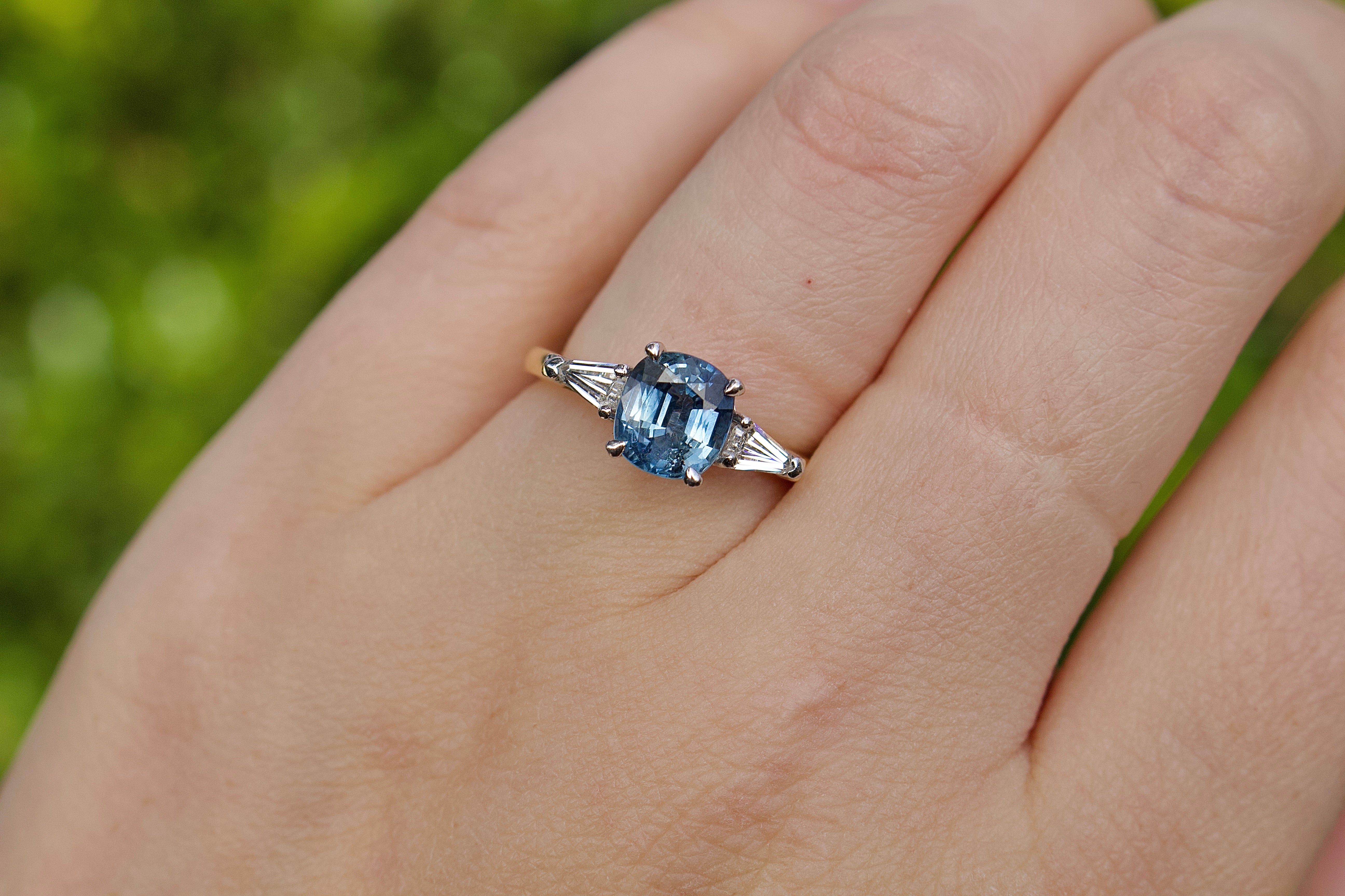 18ct Yellow and White Gold Cushion Sapphire and Diamond 3 Stone Ring