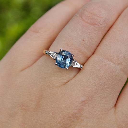18ct Yellow and White Gold Cushion Sapphire and Diamond 3 Stone Ring
