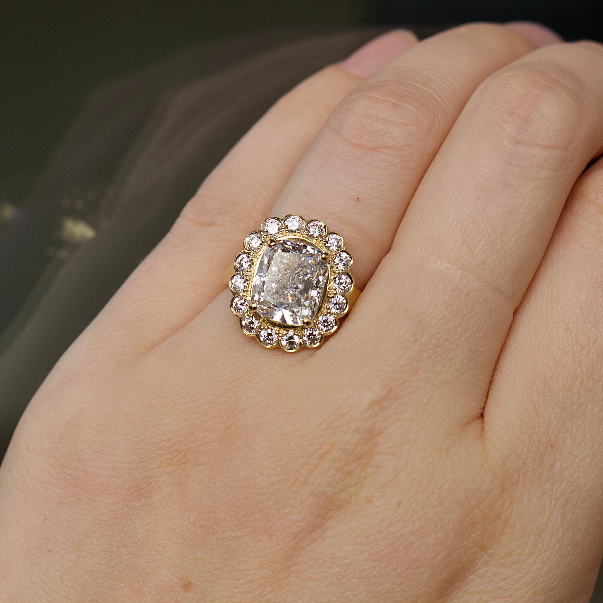 18ct Yellow Gold Lab Grown 5.03ct Cushion Cut Diamond Daisy Ring